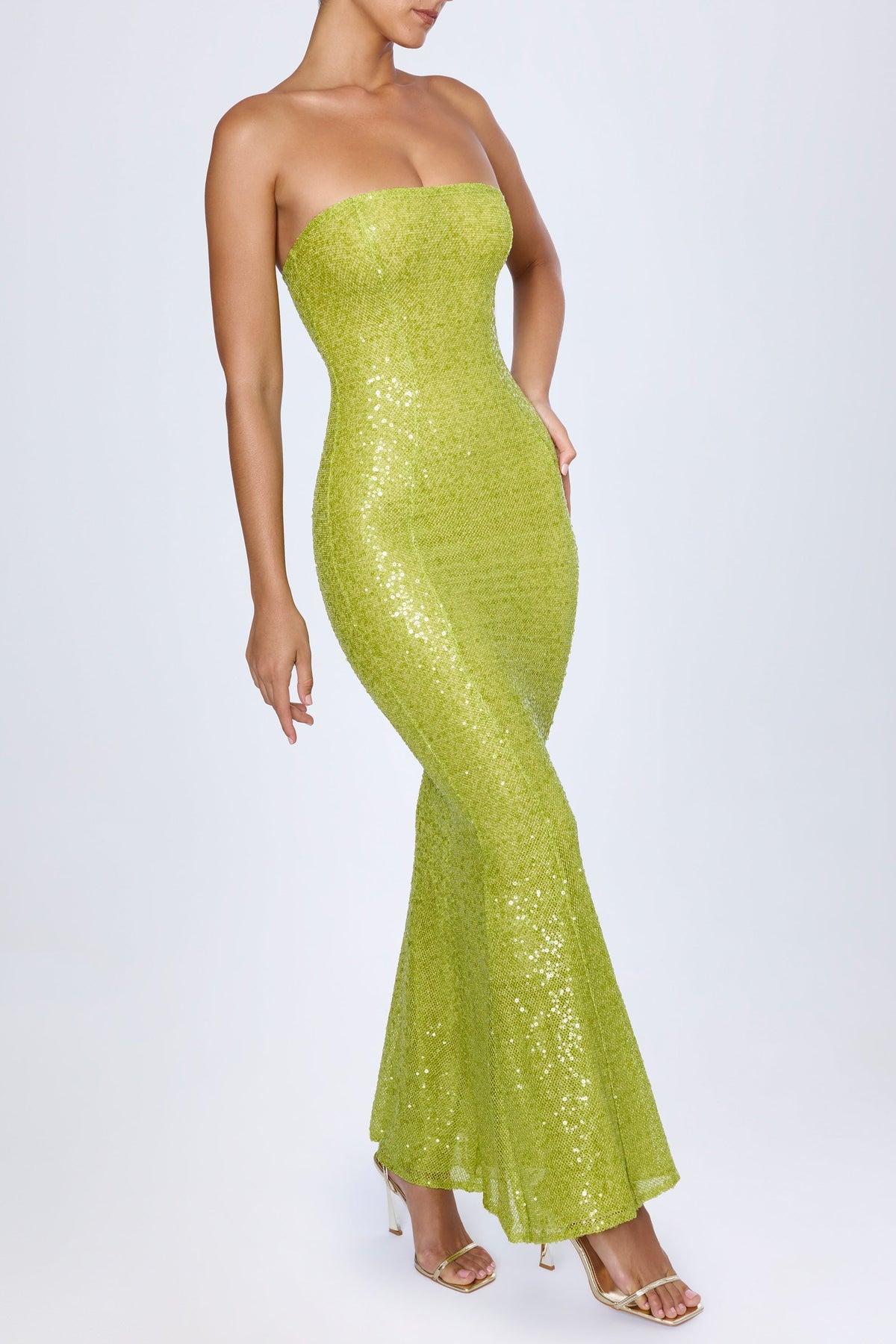 Embellished Cut-Out Bandeau Maxi Dress in Pear Green – view 3
