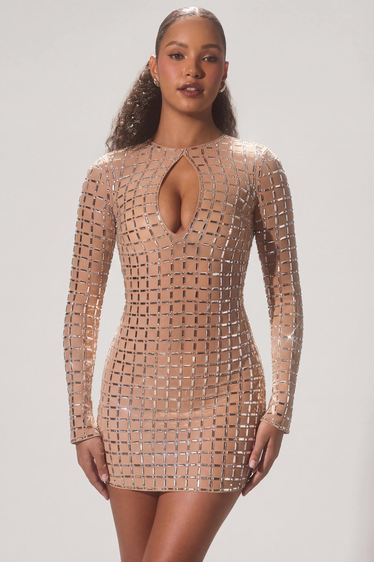Embellished Semi-Sheer Cut-Out Mini Dress in Almond – view 7
