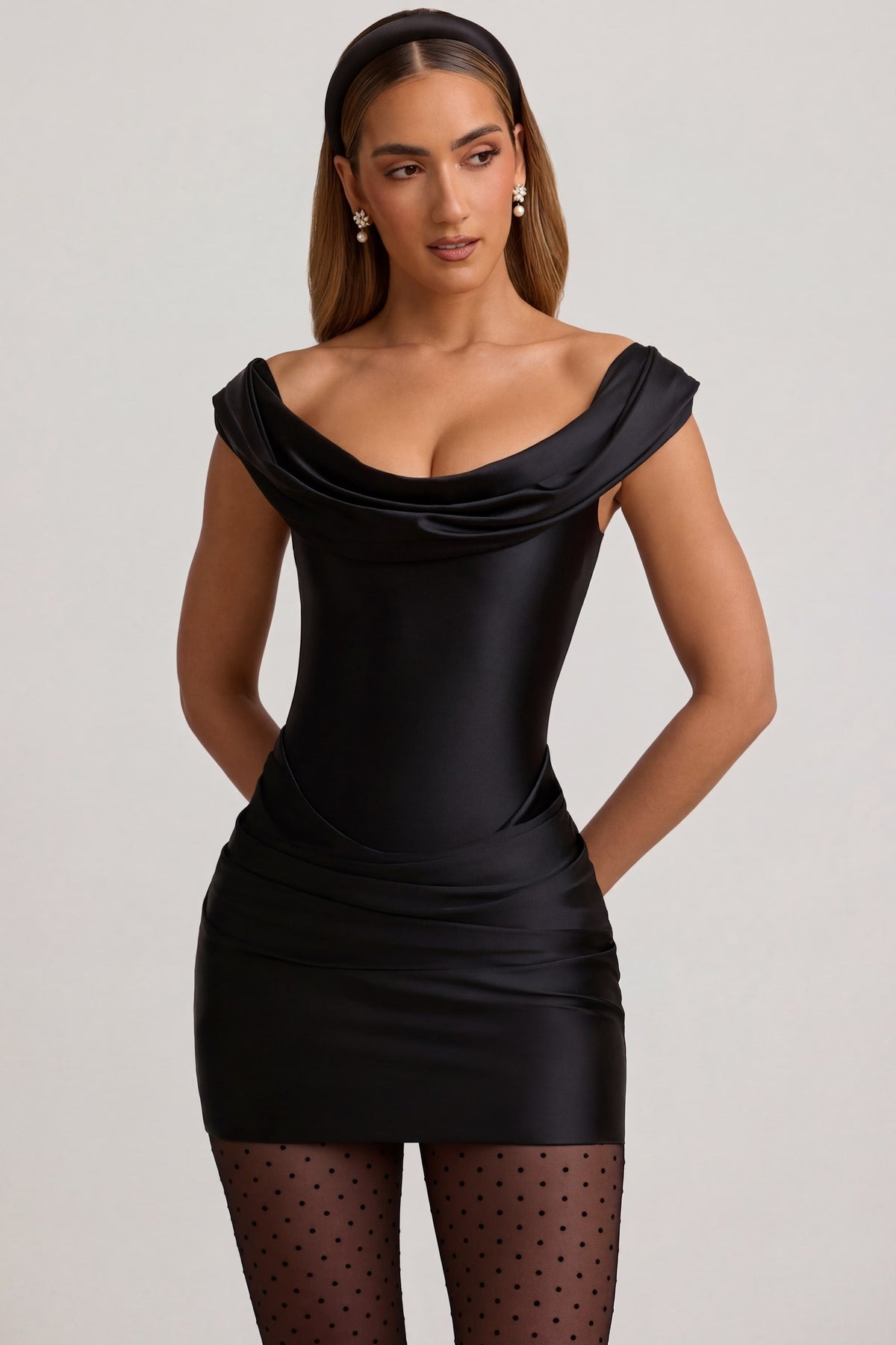 Satin Off-Shoulder Draped Mini Dress in Black – view 6