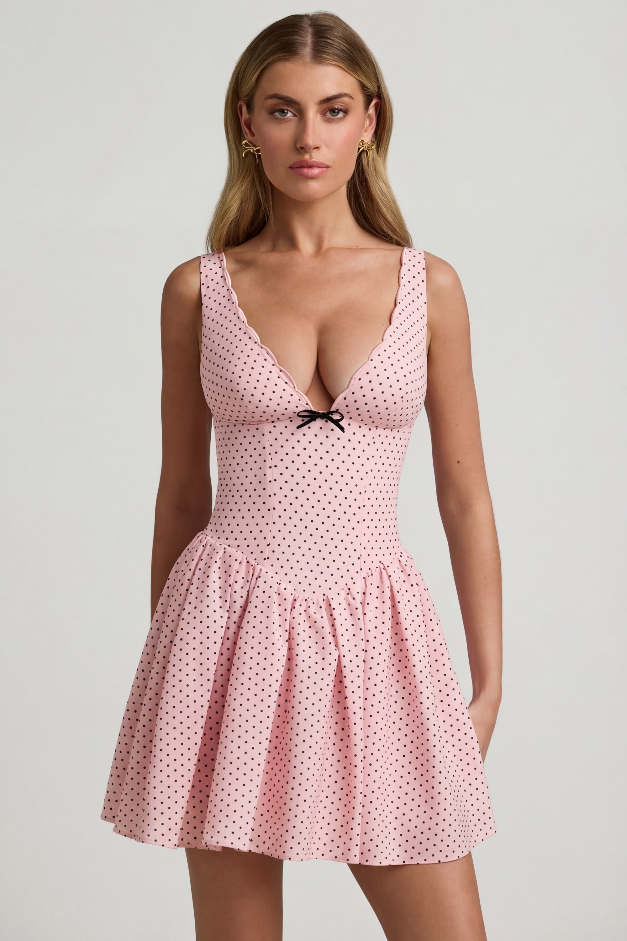 Bow-Detail A-Line Mini Dress in Pink Polka Dot