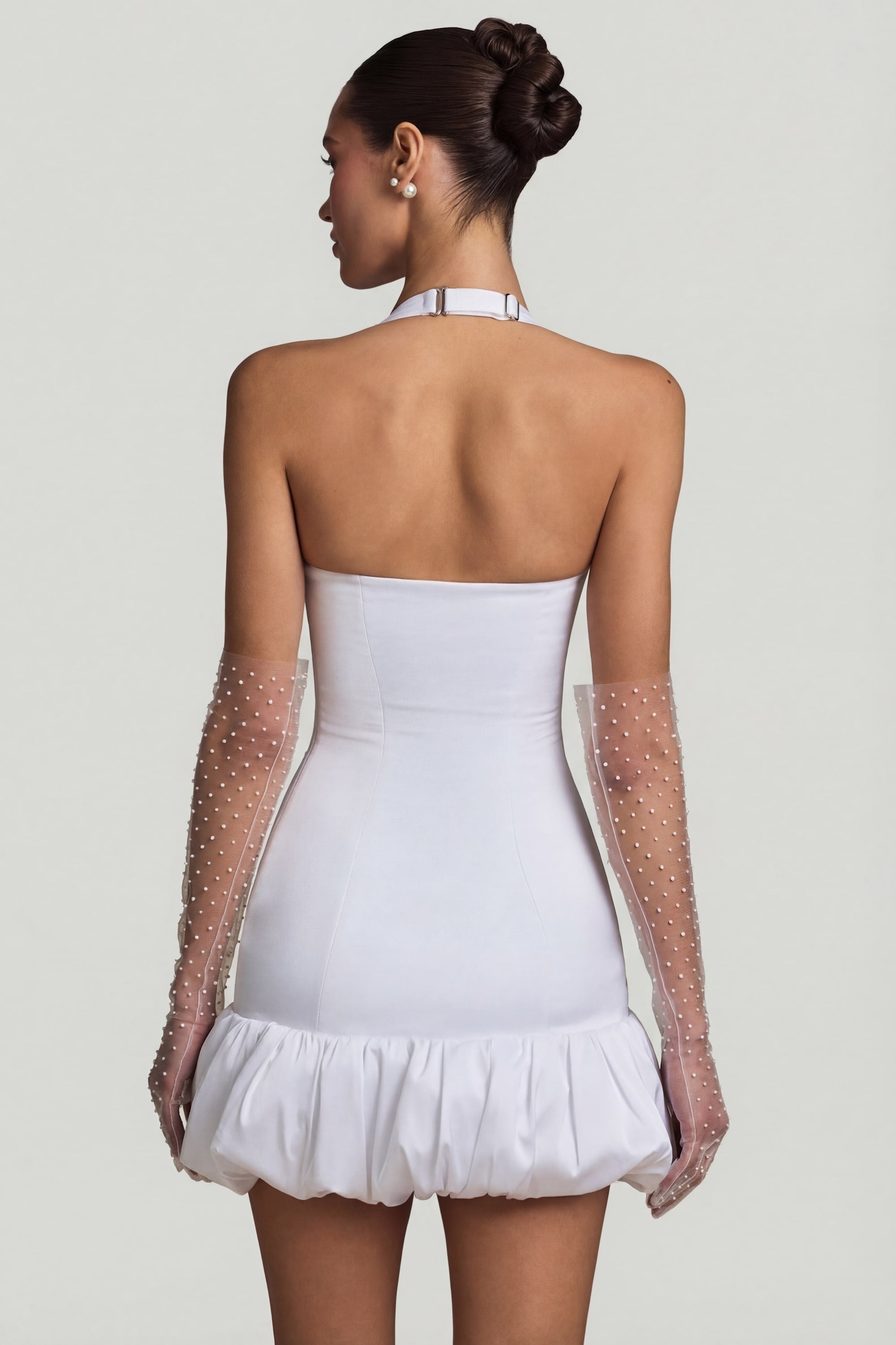 Bow-Detail Halterneck Bubble Hem Mini Dress in White