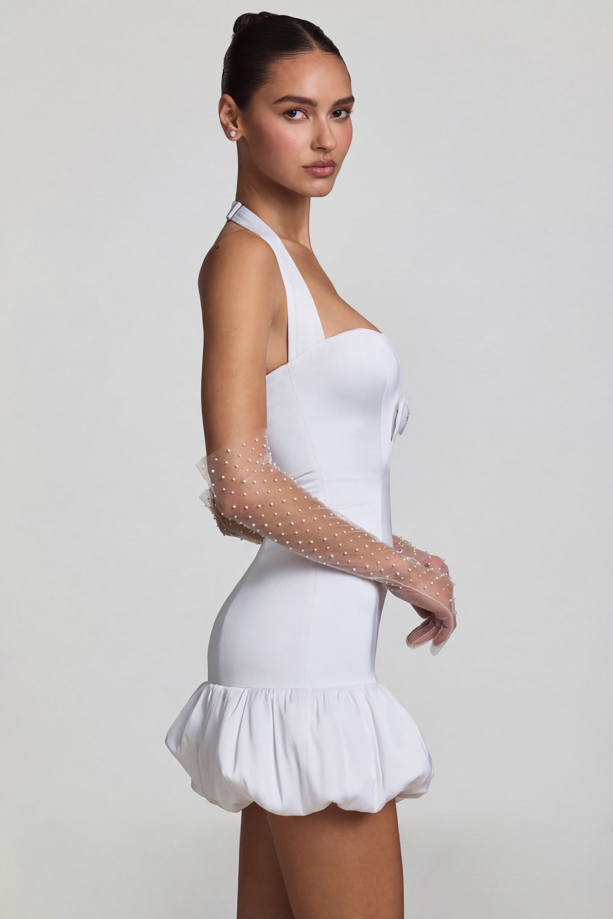 Bow-Detail Halterneck Bubble Hem Mini Dress in White