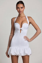 Bow-Detail Halterneck Bubble Hem Mini Dress in White
