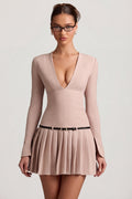 Long-Sleeve Pleated Mini Dress in Mushroom – view 1