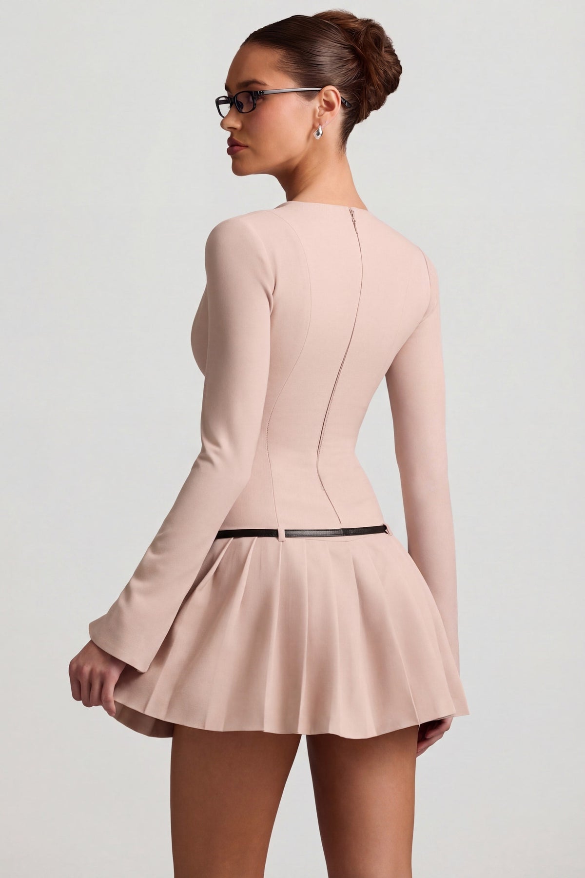 Long-Sleeve Pleated Mini Dress in Mushroom – view 2