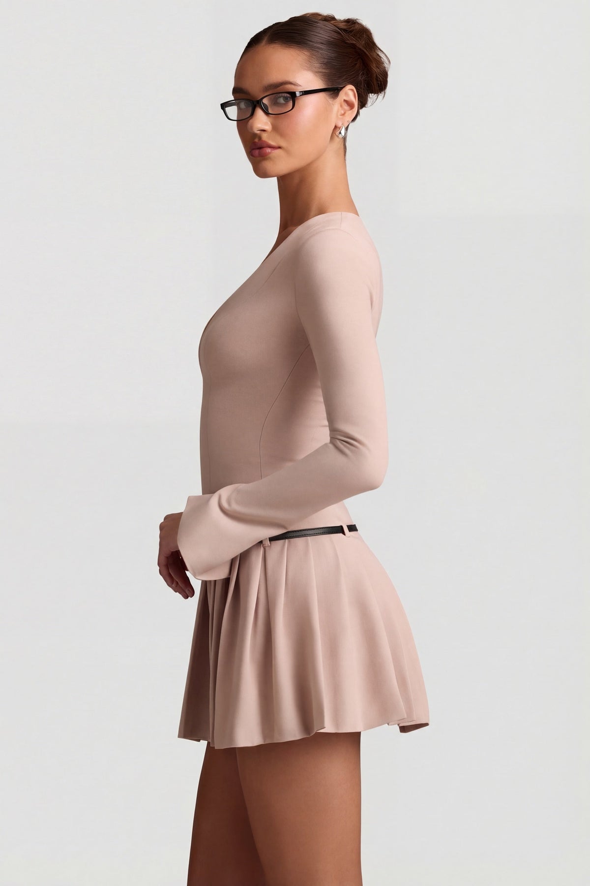 Long-Sleeve Pleated Mini Dress in Mushroom – view 3