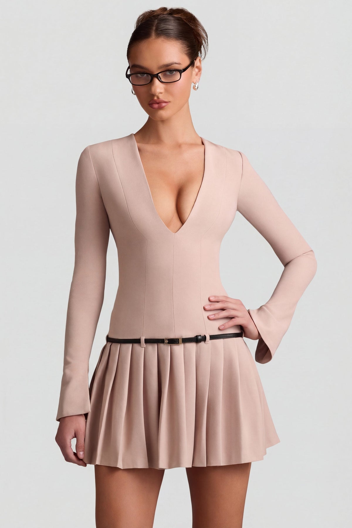 Long-Sleeve Pleated Mini Dress in Mushroom – view 6