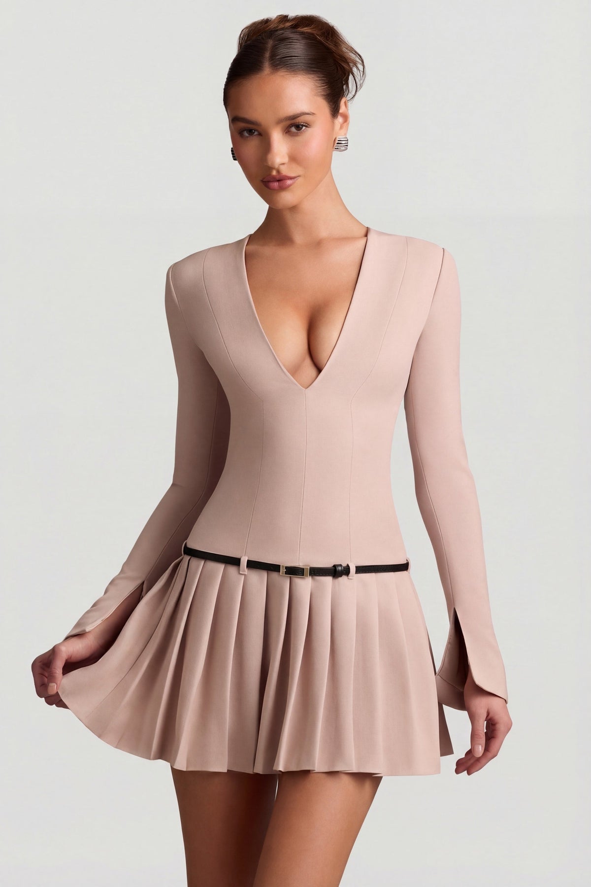 Long-Sleeve Pleated Mini Dress in Mushroom – view 7