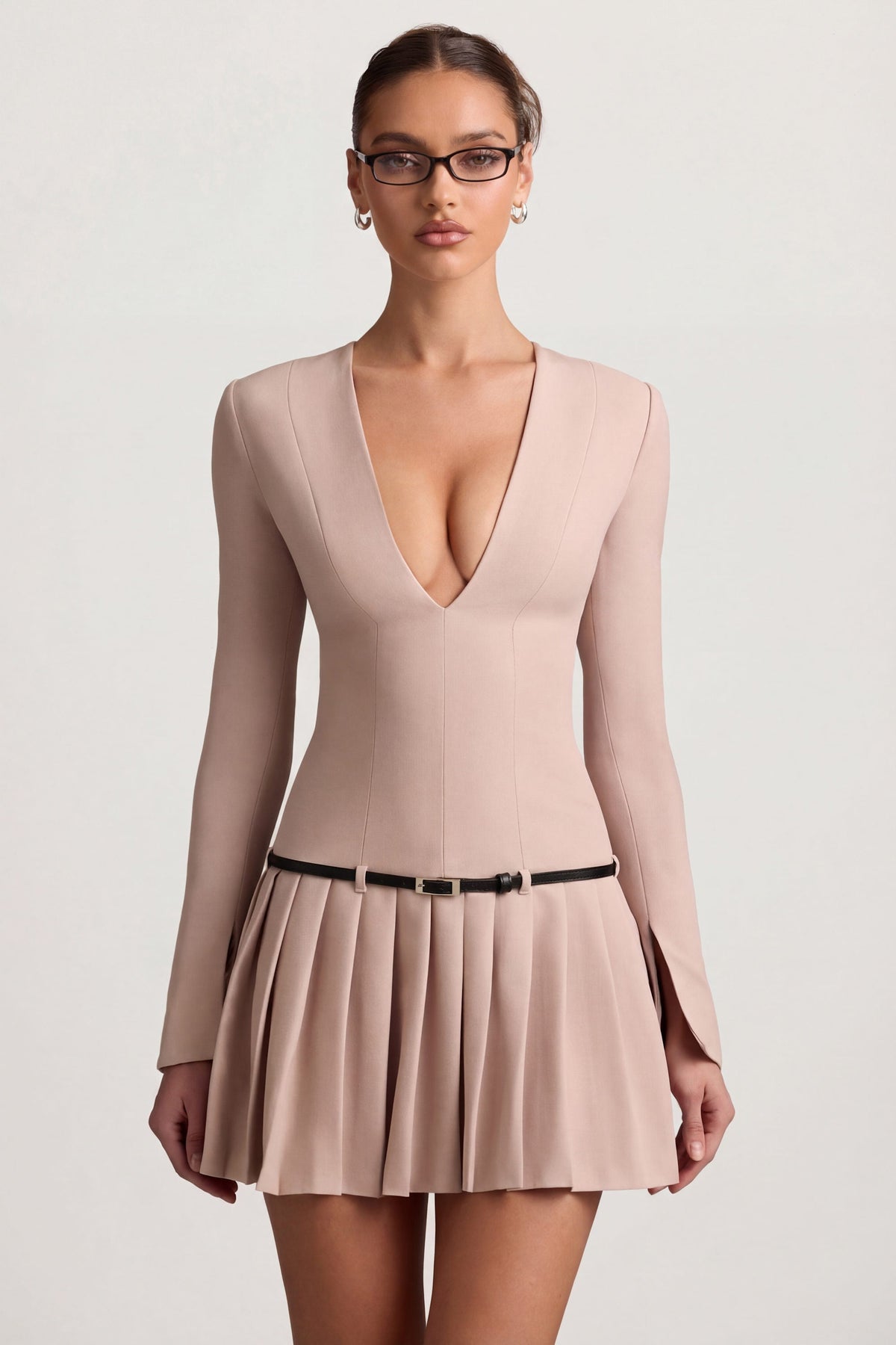 Long-Sleeve Pleated Mini Dress in Mushroom – view 8