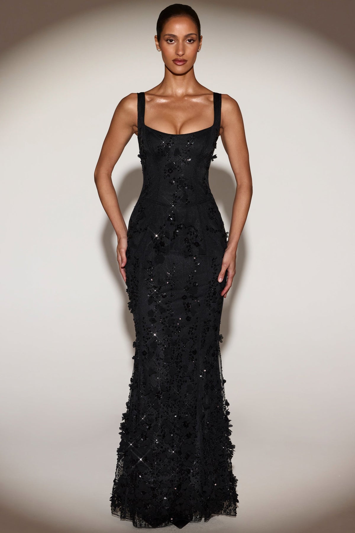 Embellished Appliqué Soft-Scoop Corset Gown in Black – view 4