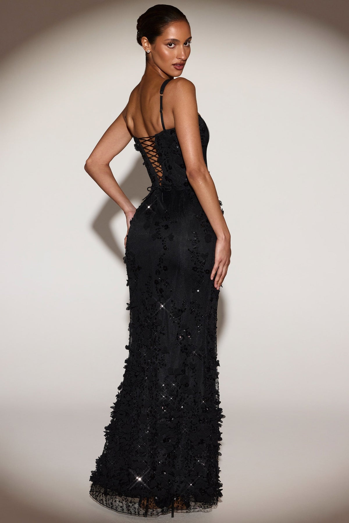 Embellished Appliqué Soft-Scoop Corset Gown in Black – view 5