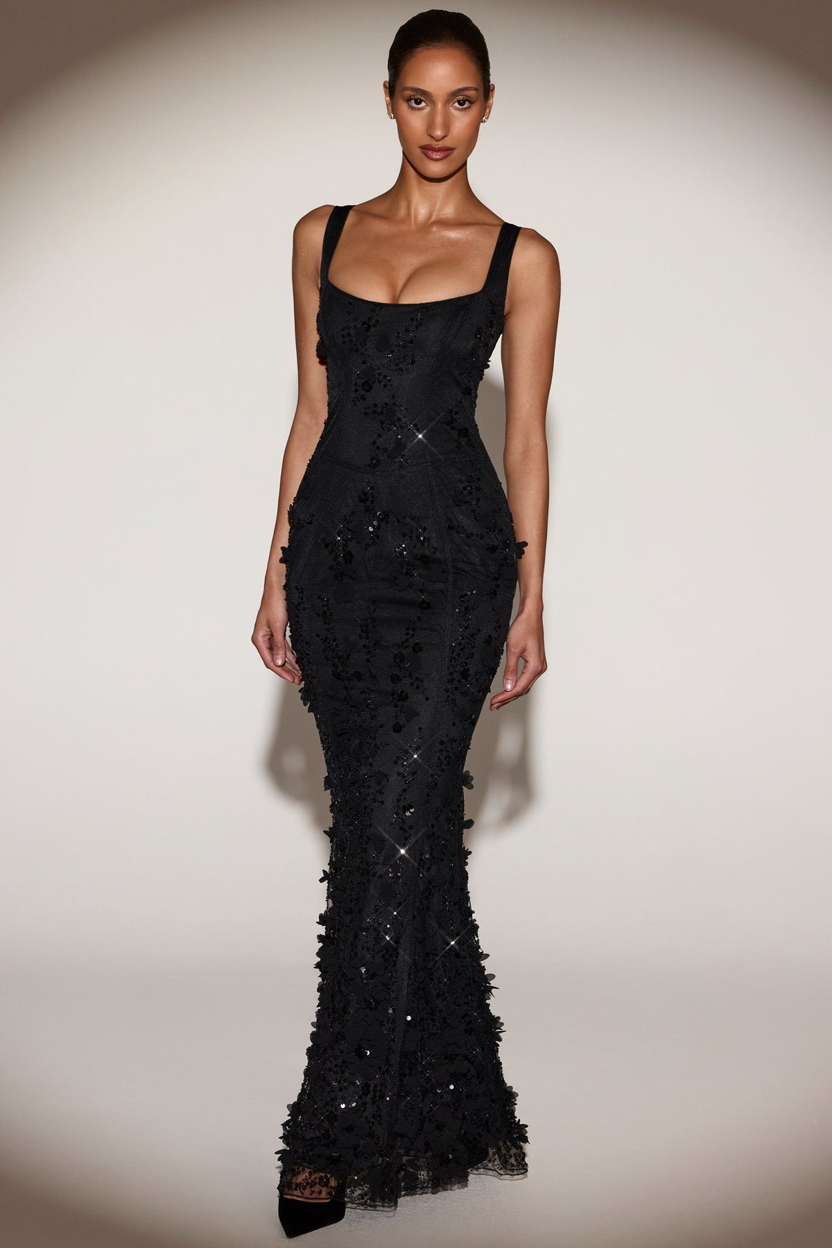 Embellished Appliqué Soft-Scoop Corset Gown in Black – view 7