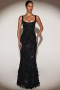 Embellished Appliqué Soft-Scoop Corset Gown in Black – view 1