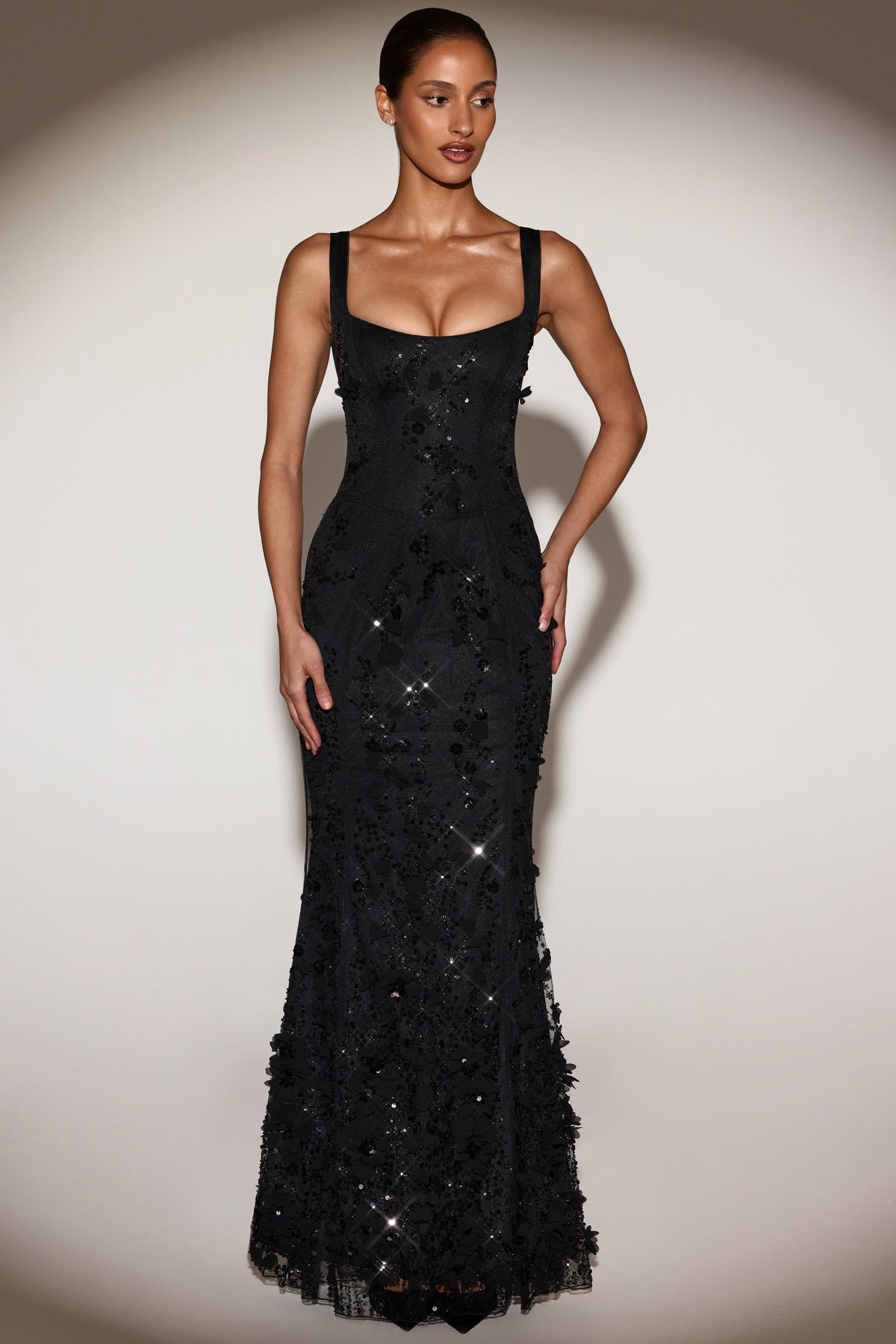Embellished Appliqué Soft-Scoop Corset Gown in Black – view 1
