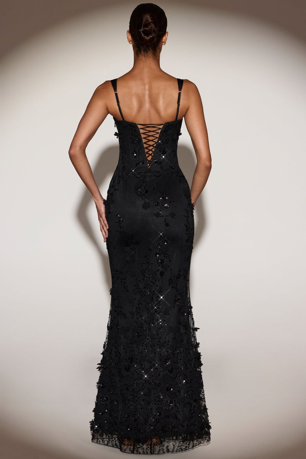 Embellished Appliqué Soft-Scoop Corset Gown in Black – view 2