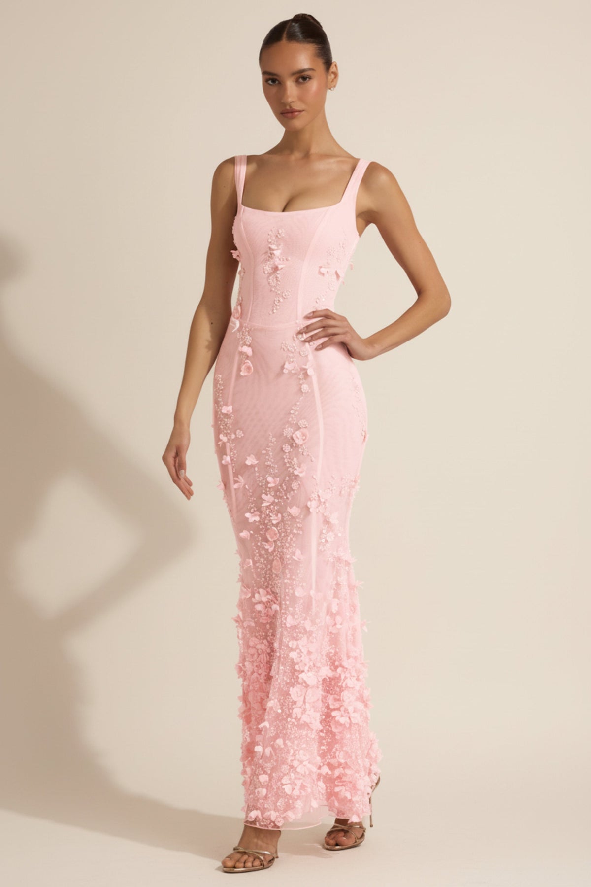 Embellished Appliqué Soft-Scoop Corset Gown in Pink – view 7