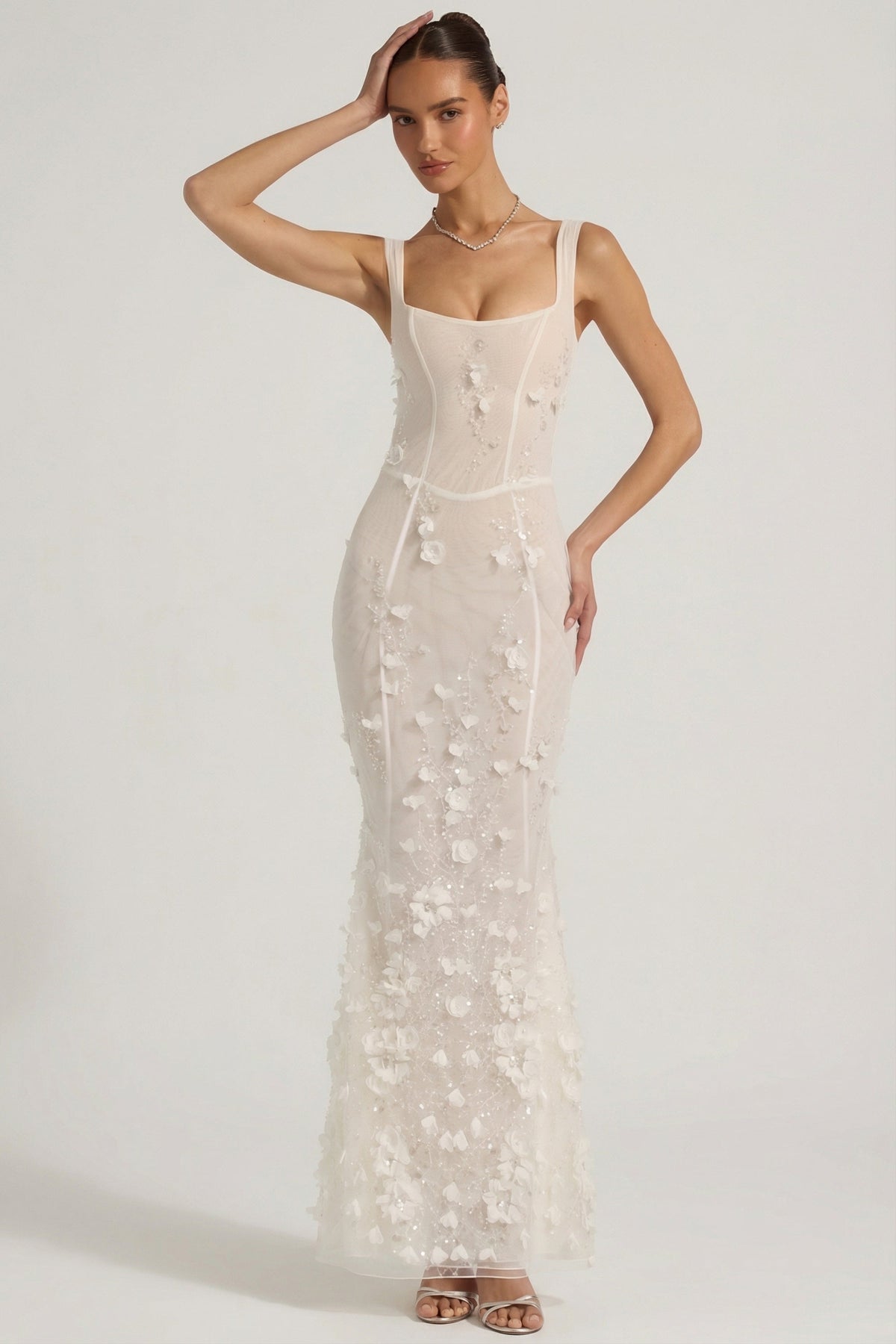 Embellished Appliqué Soft-Scoop Corset Gown in White – view 7