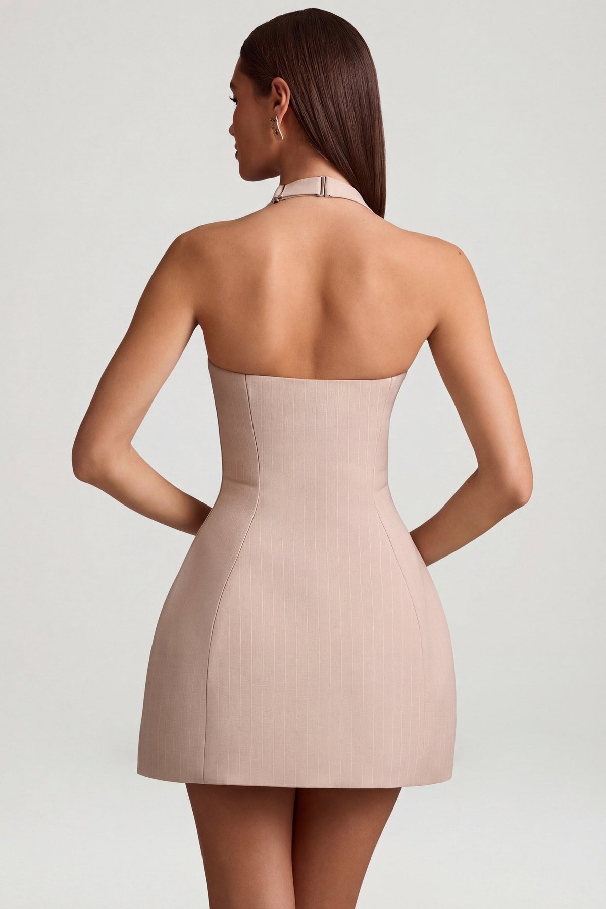 Pinstripe Halterneck Structured A-Line Mini Dress in Mushroom – view 3