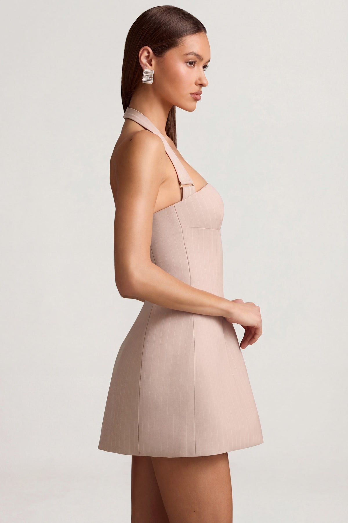 Pinstripe Halterneck Structured A-Line Mini Dress in Mushroom – view 4