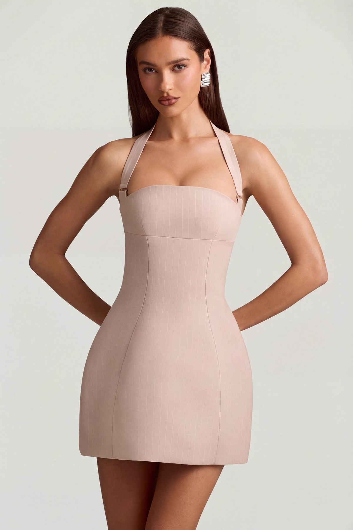 Pinstripe Halterneck Structured A-Line Mini Dress in Mushroom – view 7