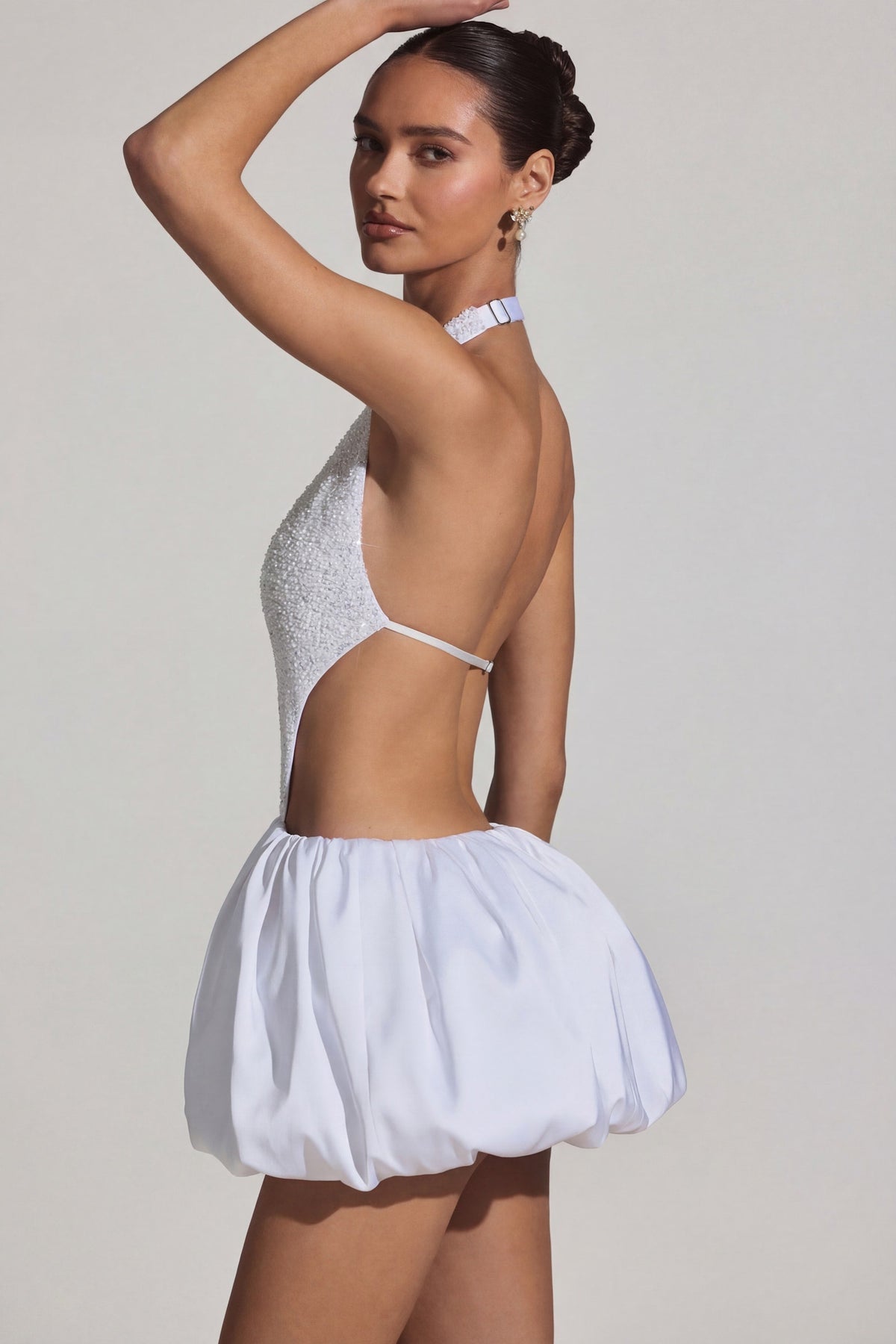 Embellished Cut-Out Bubble Hem Mini Dress in White – view 7