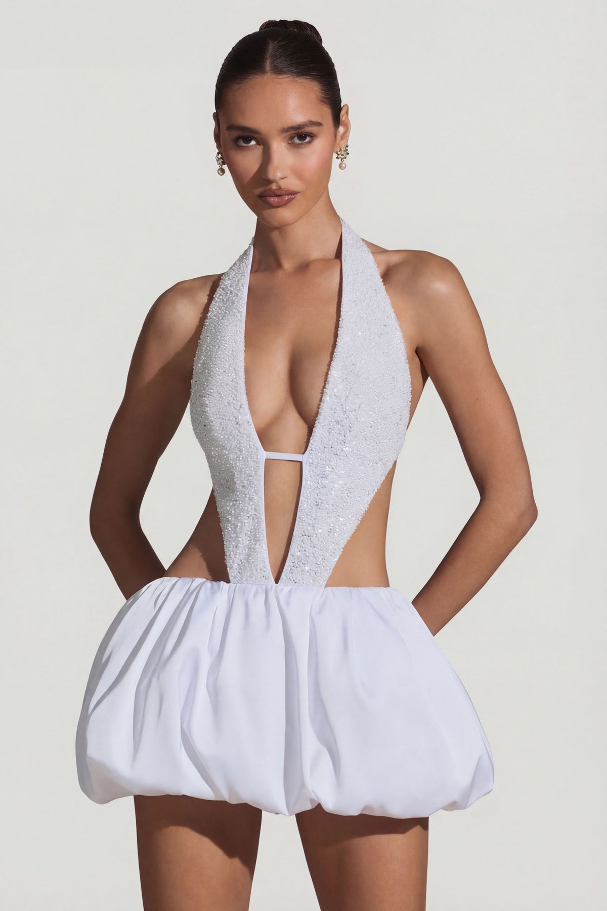 Embellished Cut-Out Bubble Hem Mini Dress in White – view 8