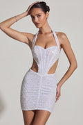 Embellished Cut-Out Halterneck Mini Dress in White – view 1