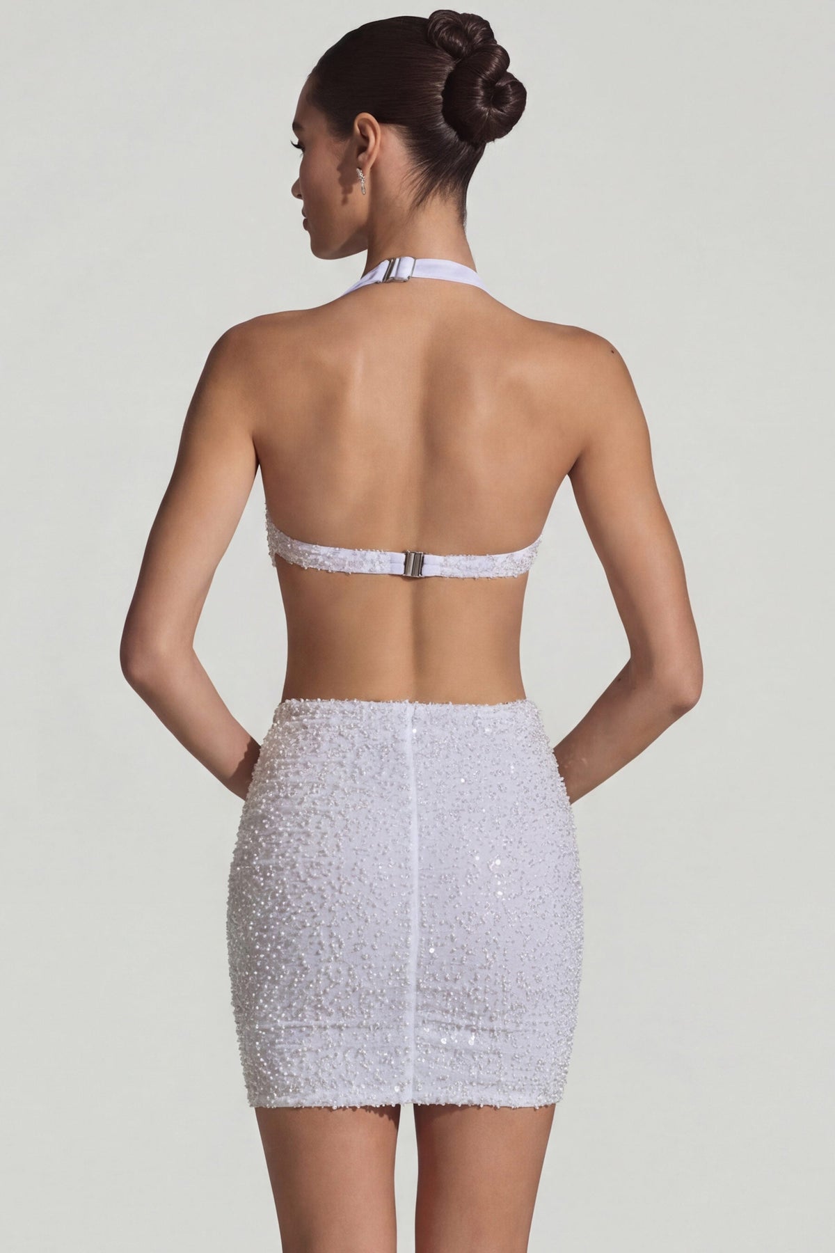 Embellished Cut-Out Halterneck Mini Dress in White – view 7