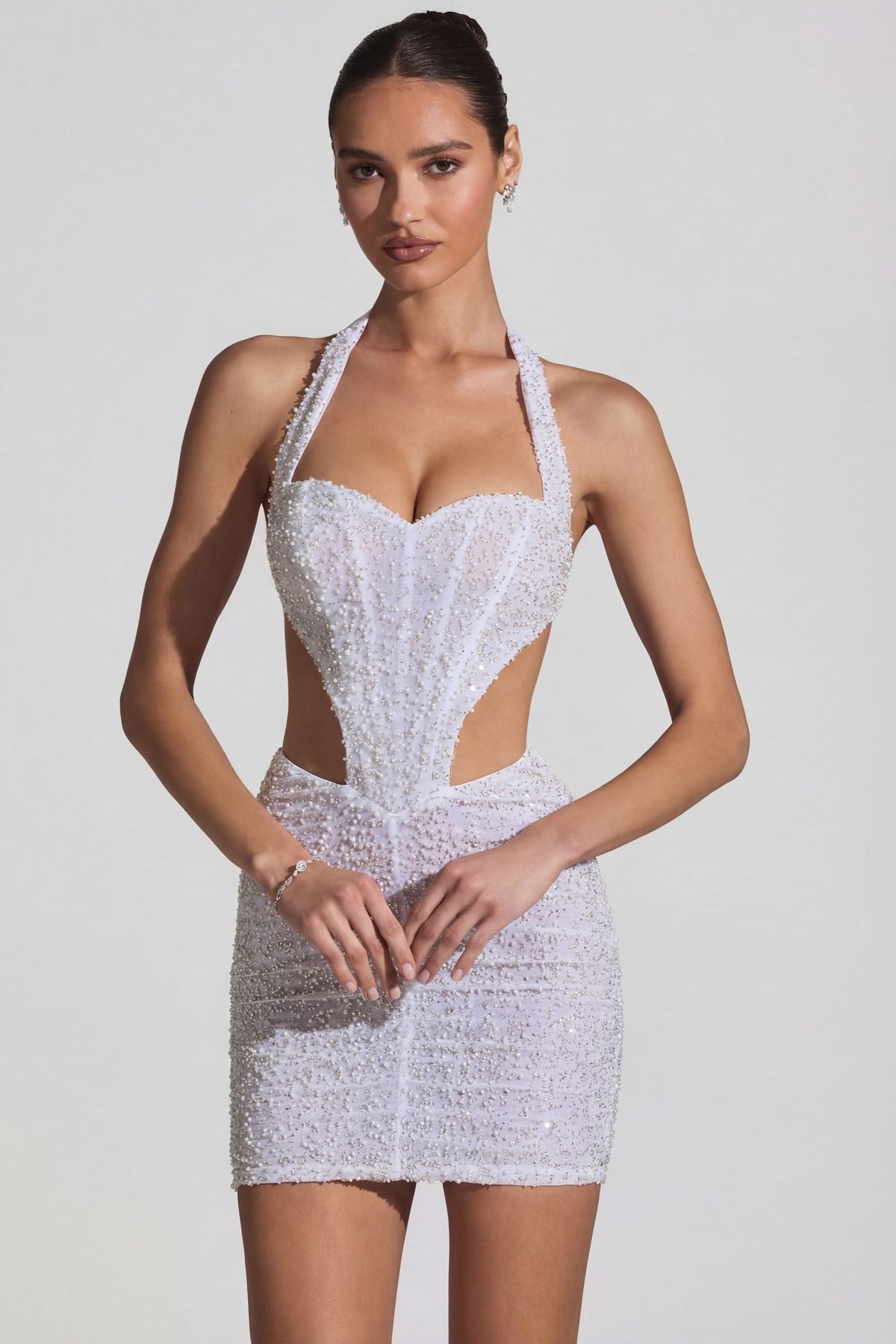 Embellished Cut-Out Halterneck Mini Dress in White – view 8
