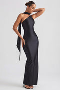 Asymmetric Scarf-Detail Maxi Dress in Black – view 1