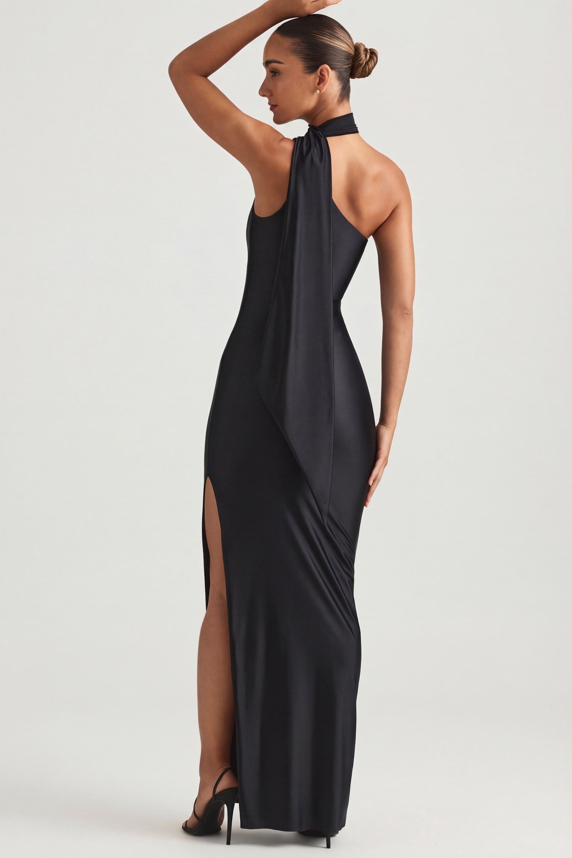 Asymmetric Scarf-Detail Maxi Dress in Black