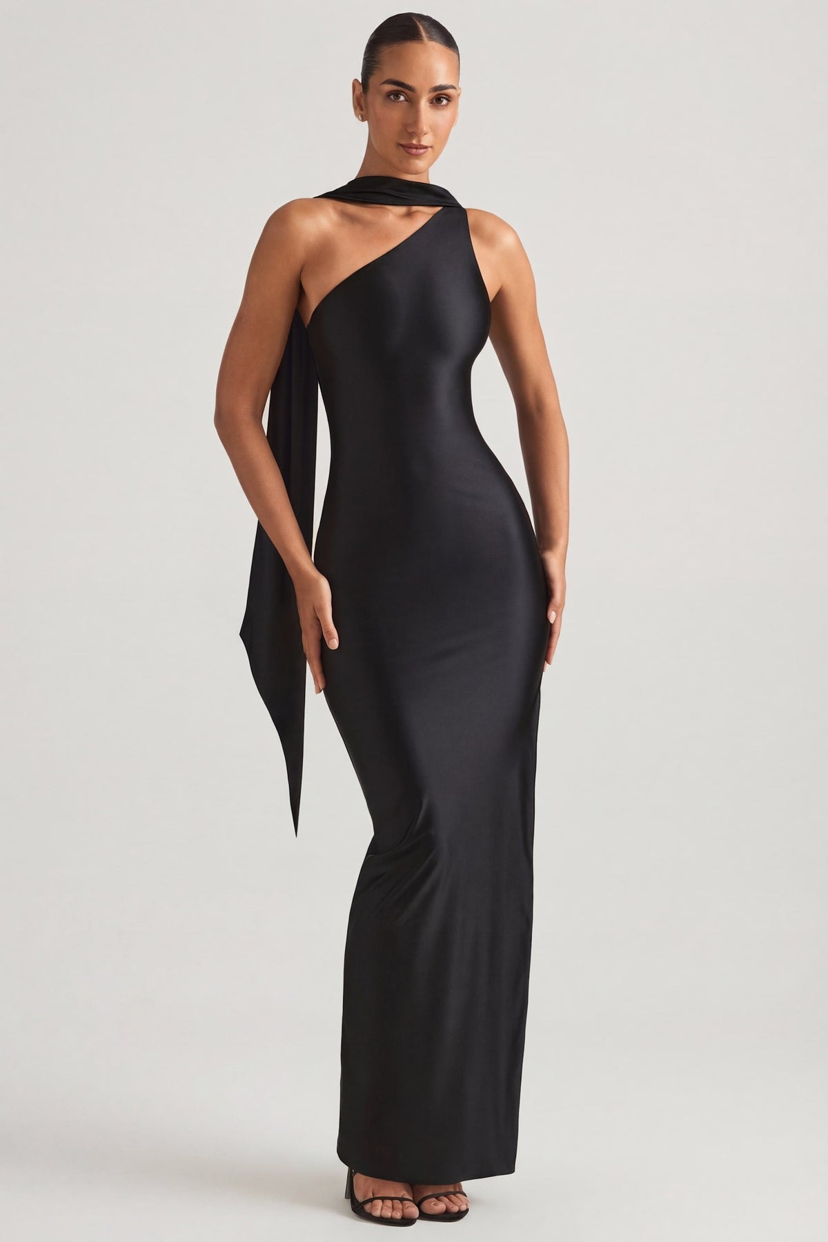 Asymmetric Scarf-Detail Maxi Dress in Black – view 6