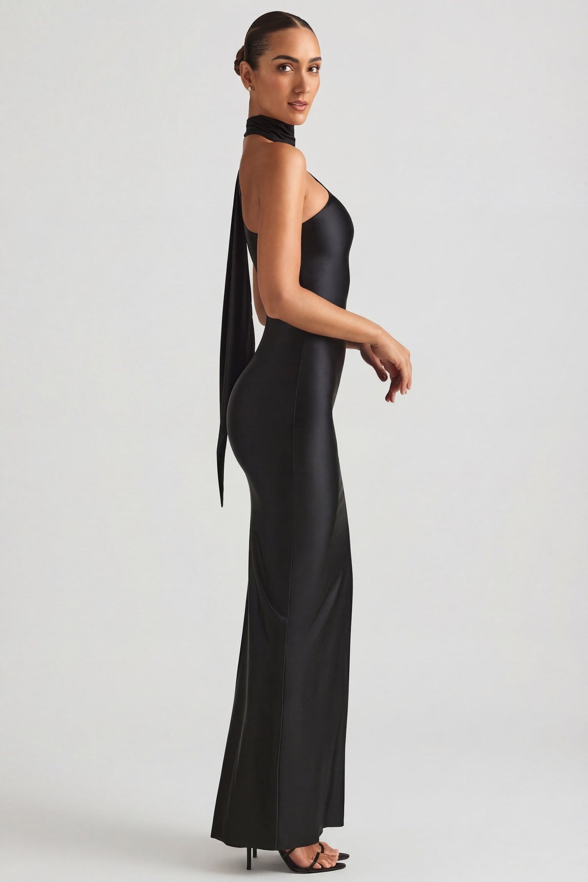 Asymmetric Scarf-Detail Maxi Dress in Black – view 7