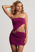 Textured Jersey Asymmetric Mini Dress in Berry Purple – view 1