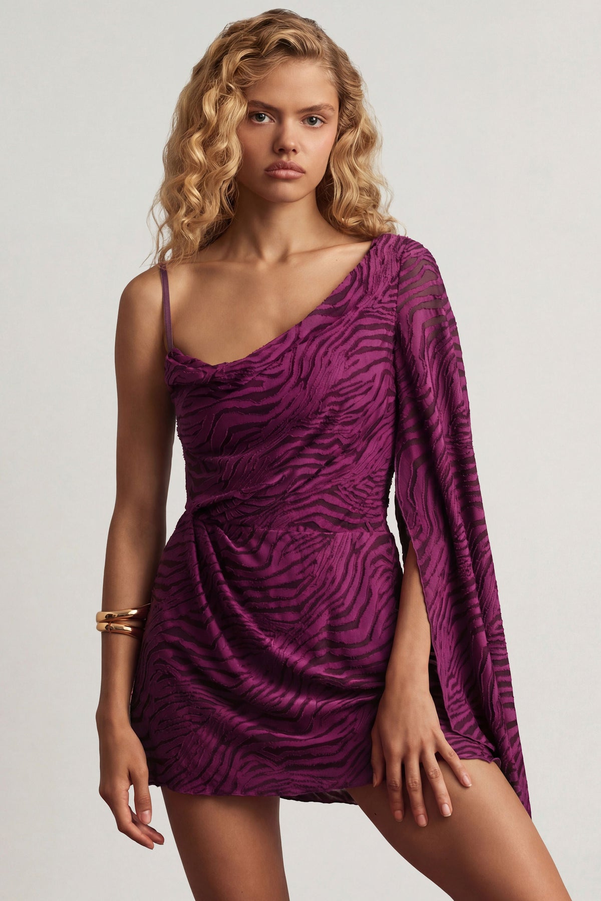 Devoré One-Sleeve A-Line Mini Dress in Berry Purple – view 1
