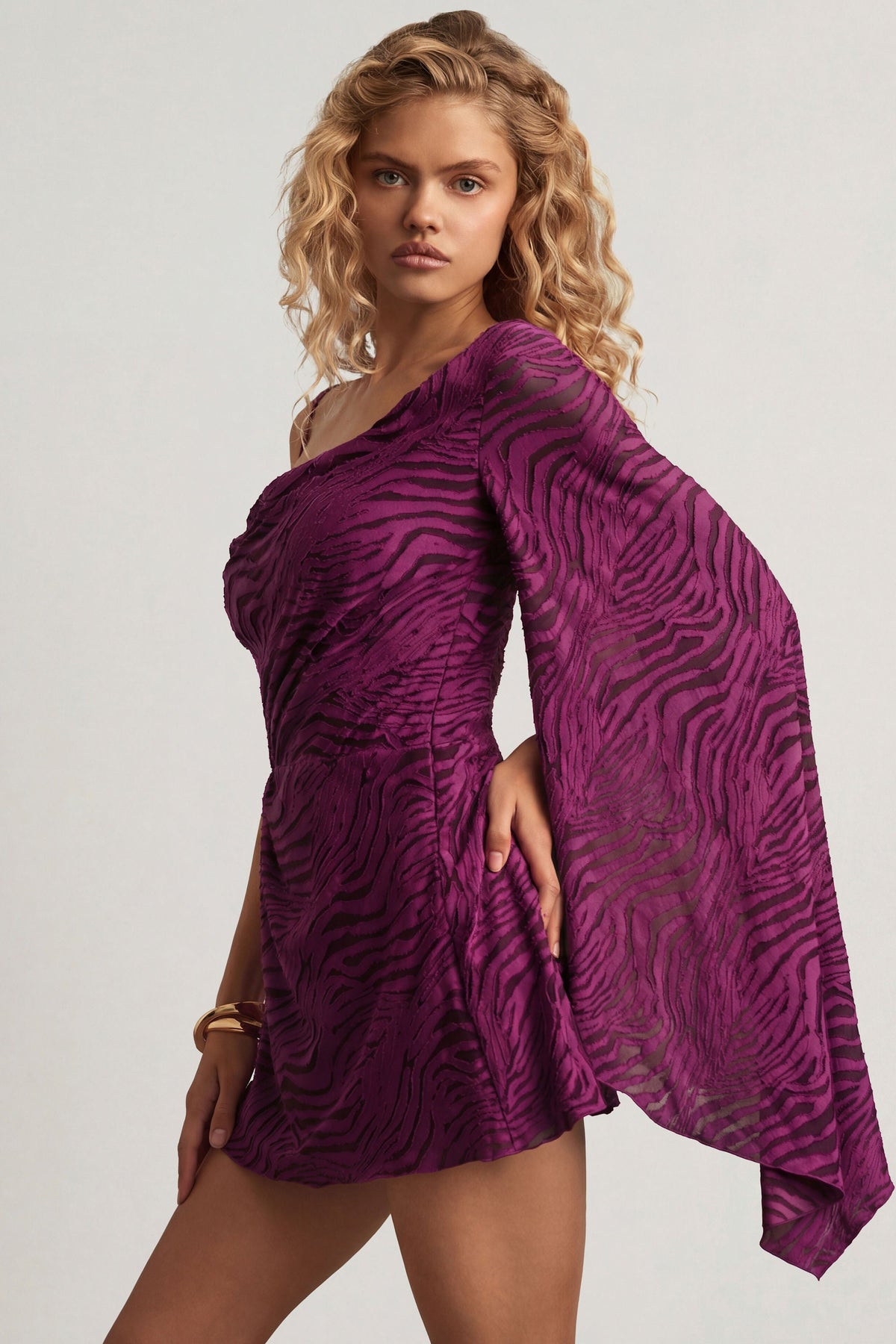 Devoré One-Sleeve A-Line Mini Dress in Berry Purple – view 6