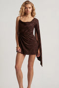 Devoré One-Sleeve A-Line Mini Dress in Dark Chocolate – view 1