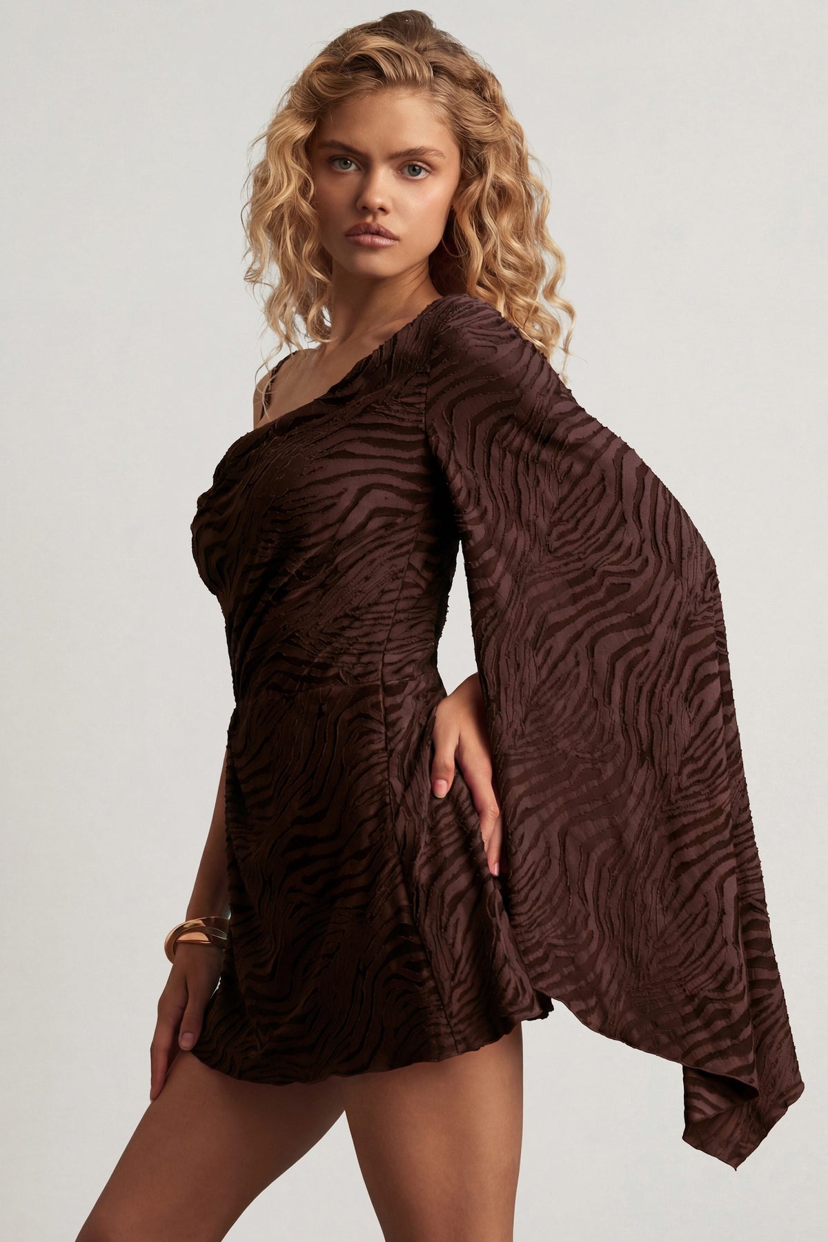 Devoré One-Sleeve A-Line Mini Dress in Dark Chocolate – view 8