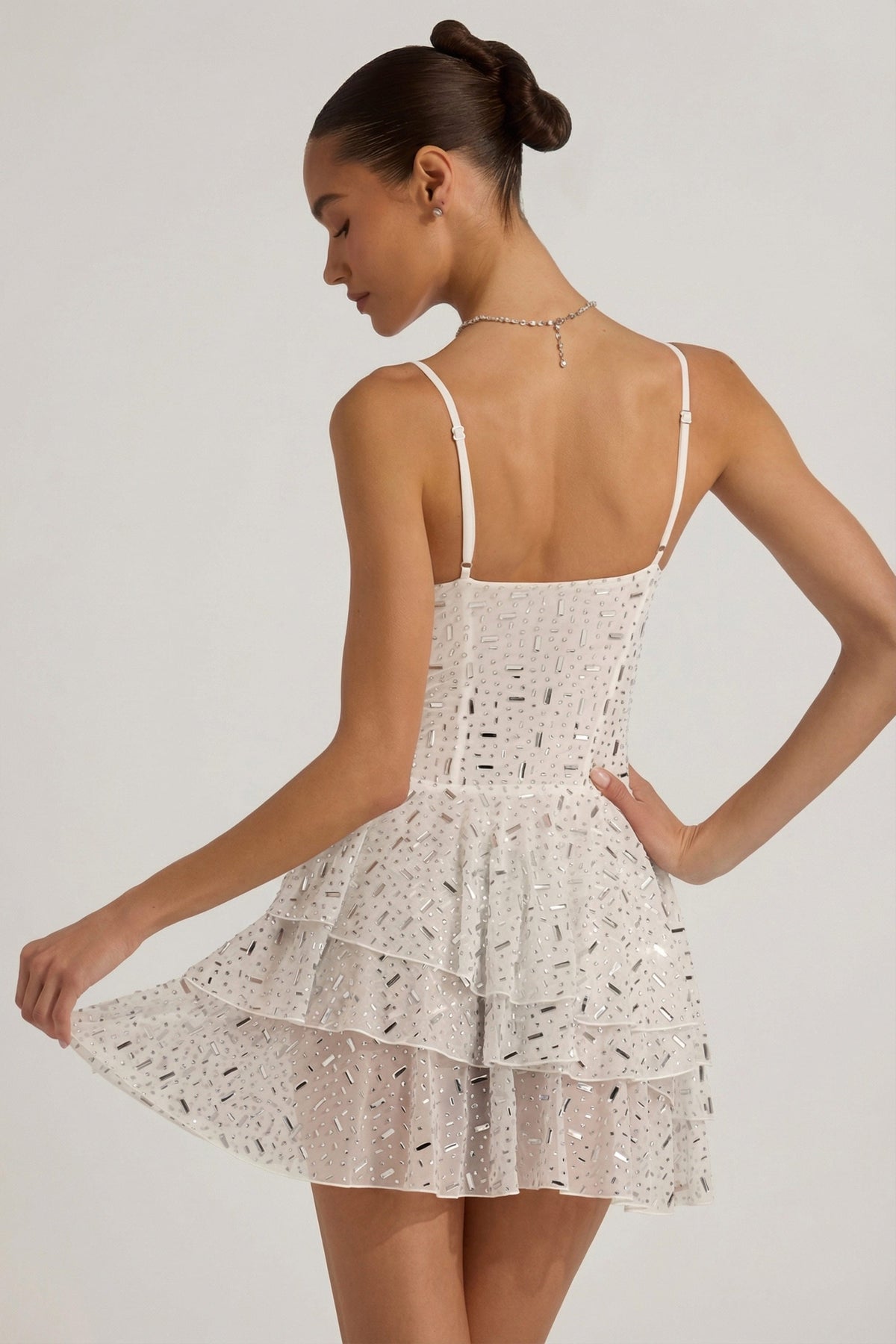 Embellished Ruffled Tiered Mini Dress in White – view 9