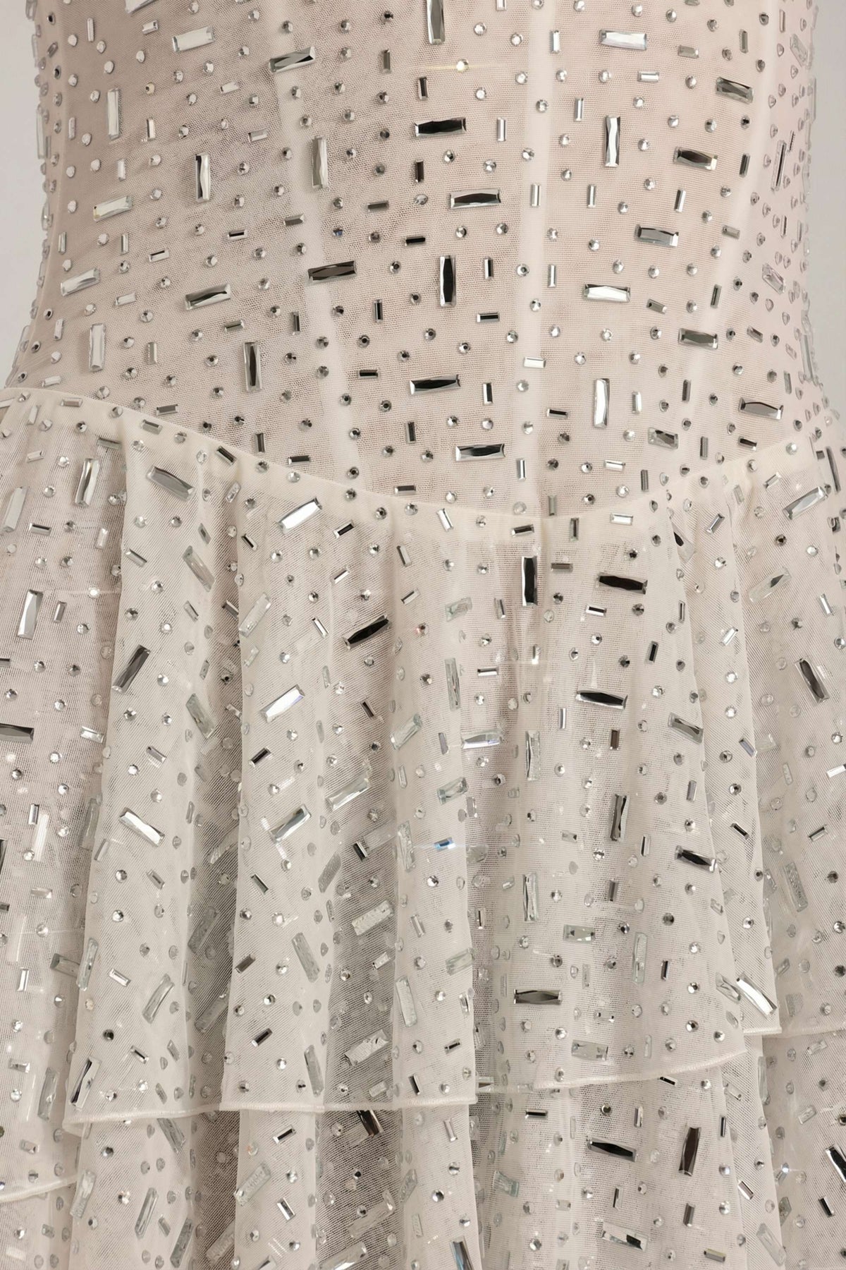 Embellished Ruffled Tiered Mini Dress in White – view 7