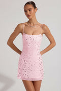 Sheer Embellished Square-Neck Mini Dress in Pink – view 1