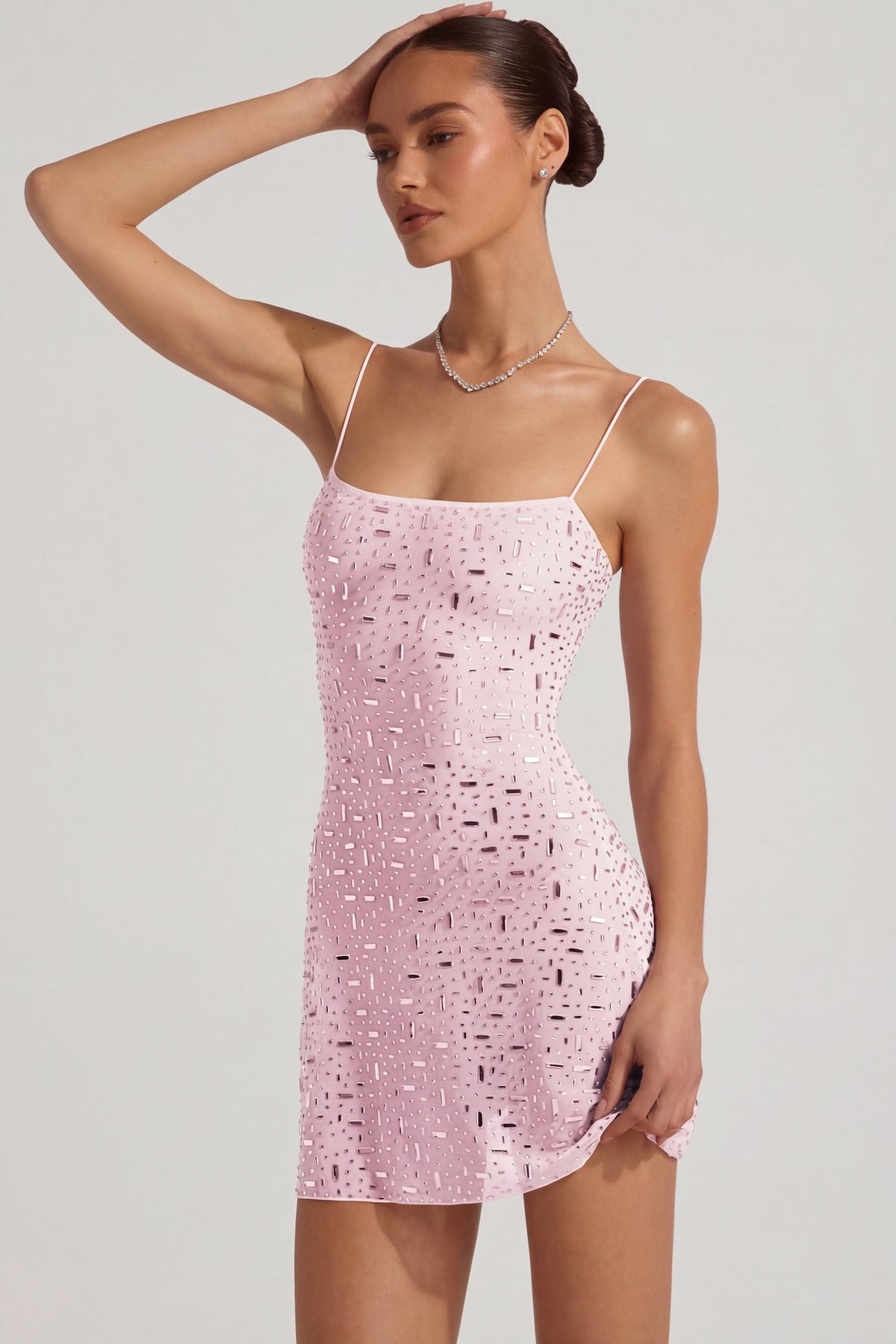 Sheer Embellished Square-Neck Mini Dress in Pink – view 6