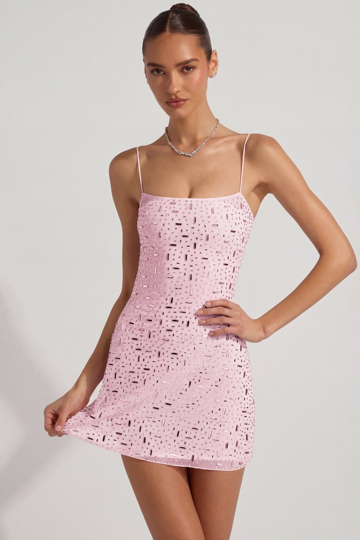 Sheer Embellished Square-Neck Mini Dress in Pink – view 7