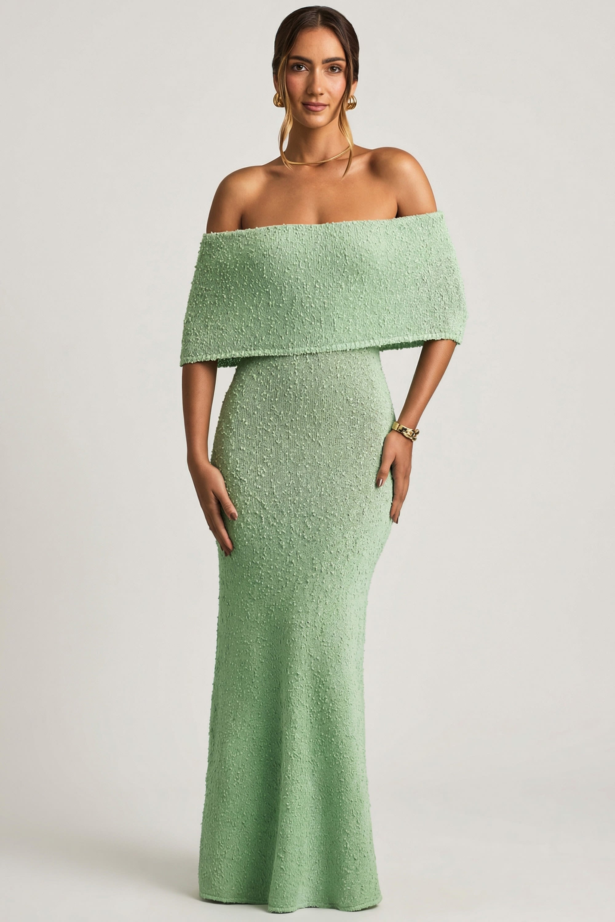 Bouclé Off-Shoulder Maxi Dress in Mint