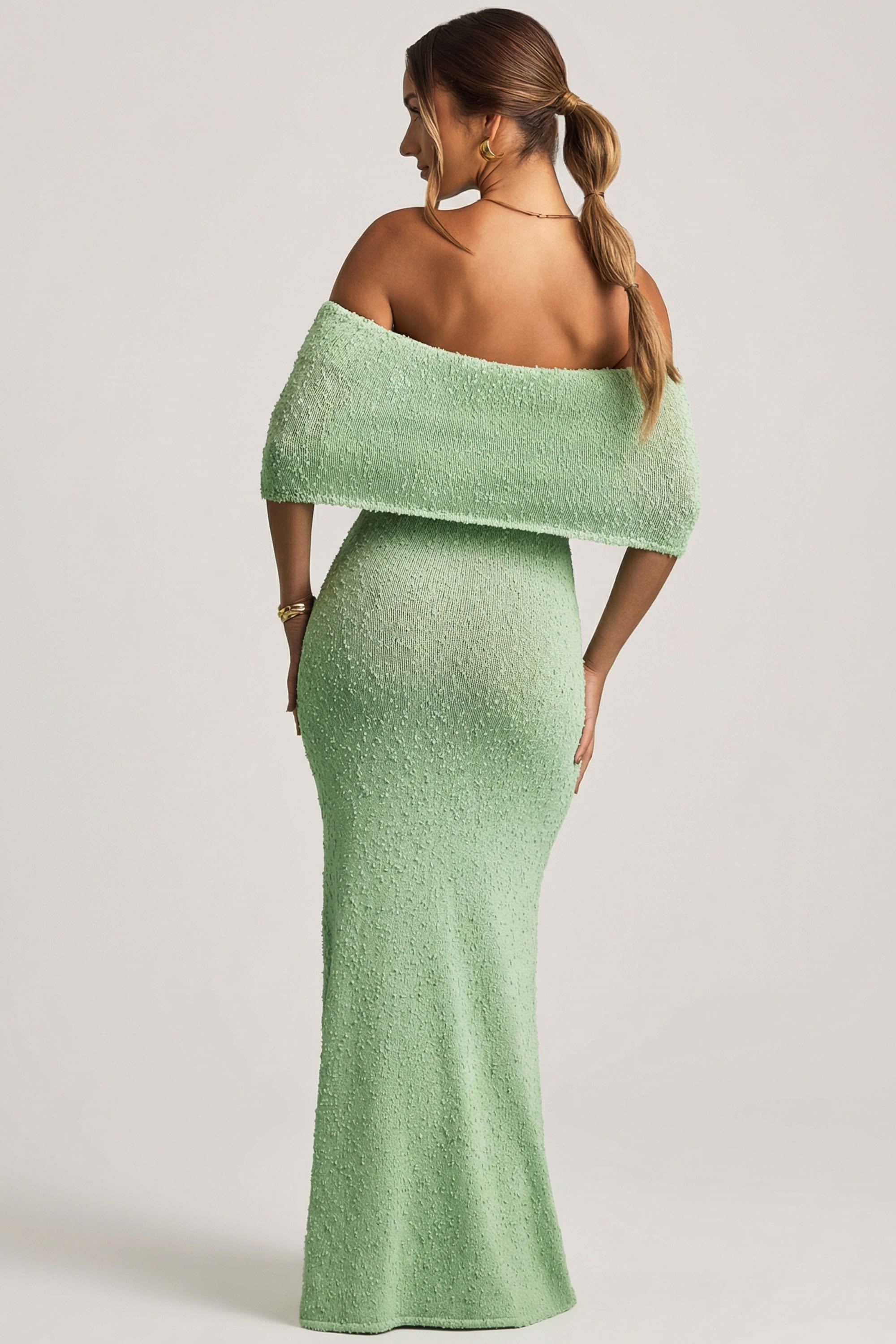 Bouclé Off-Shoulder Maxi Dress in Mint