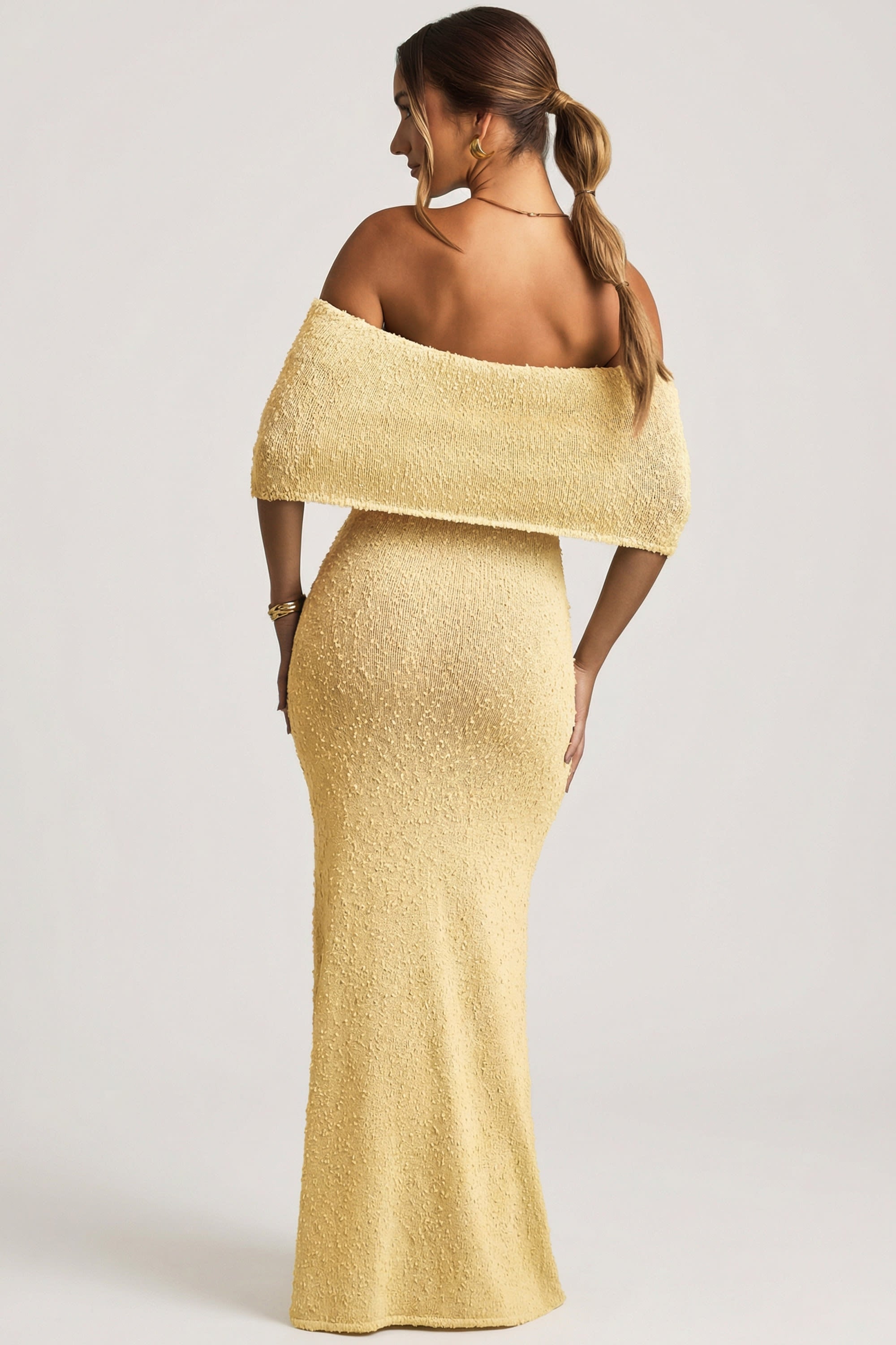 Bouclé Off-Shoulder Maxi Dress in Yellow