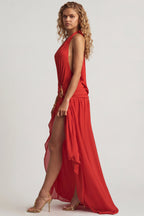 Asymmetric Halterneck Maxi Dress in Chilli Red