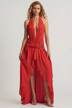 Asymmetric Halterneck Maxi Dress in Chilli Red