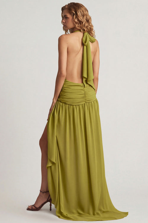 Asymmetric Halterneck Maxi Dress in Olive Green