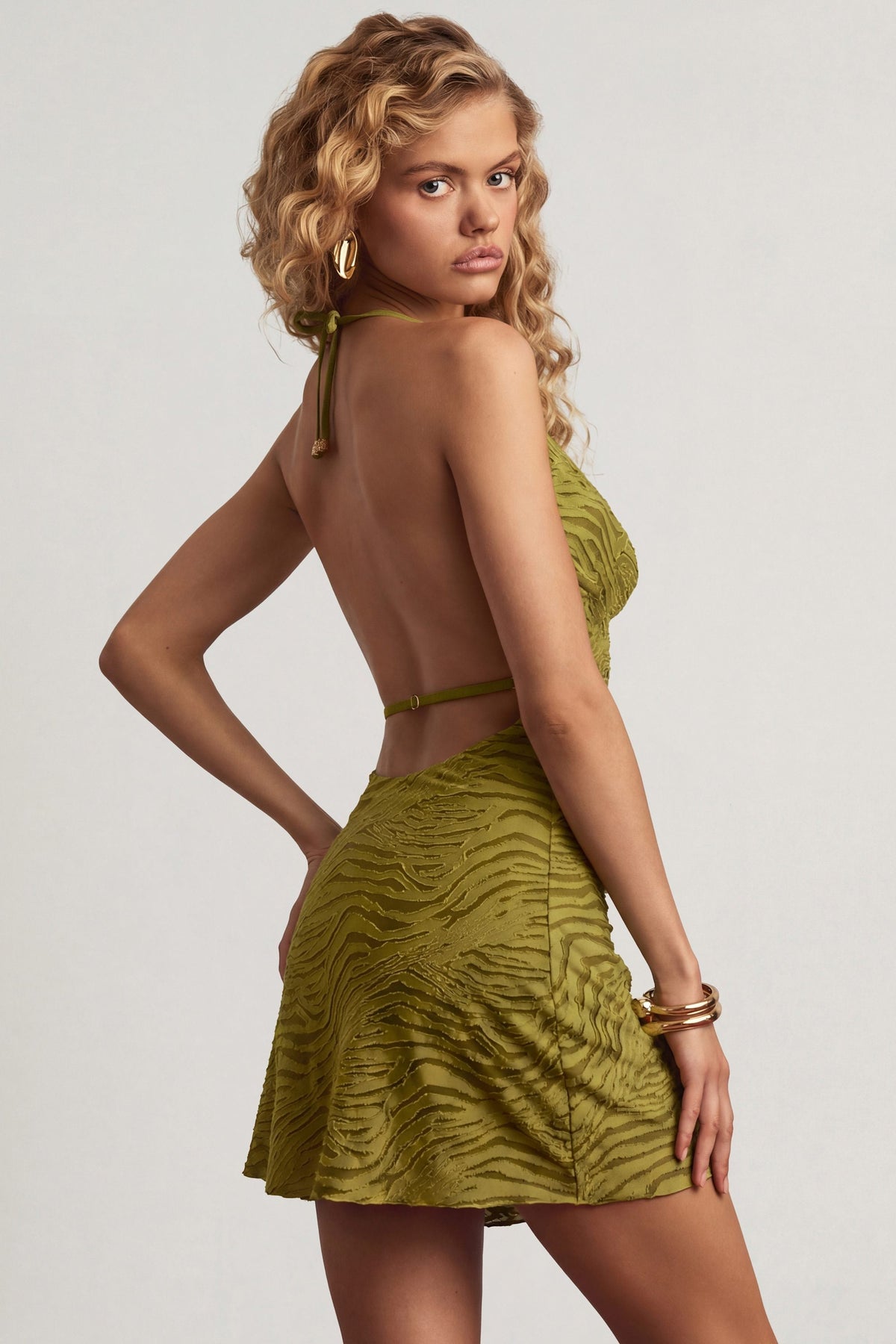 Devoré Cowl A-Line Mini Dress in Olive Green – view 2